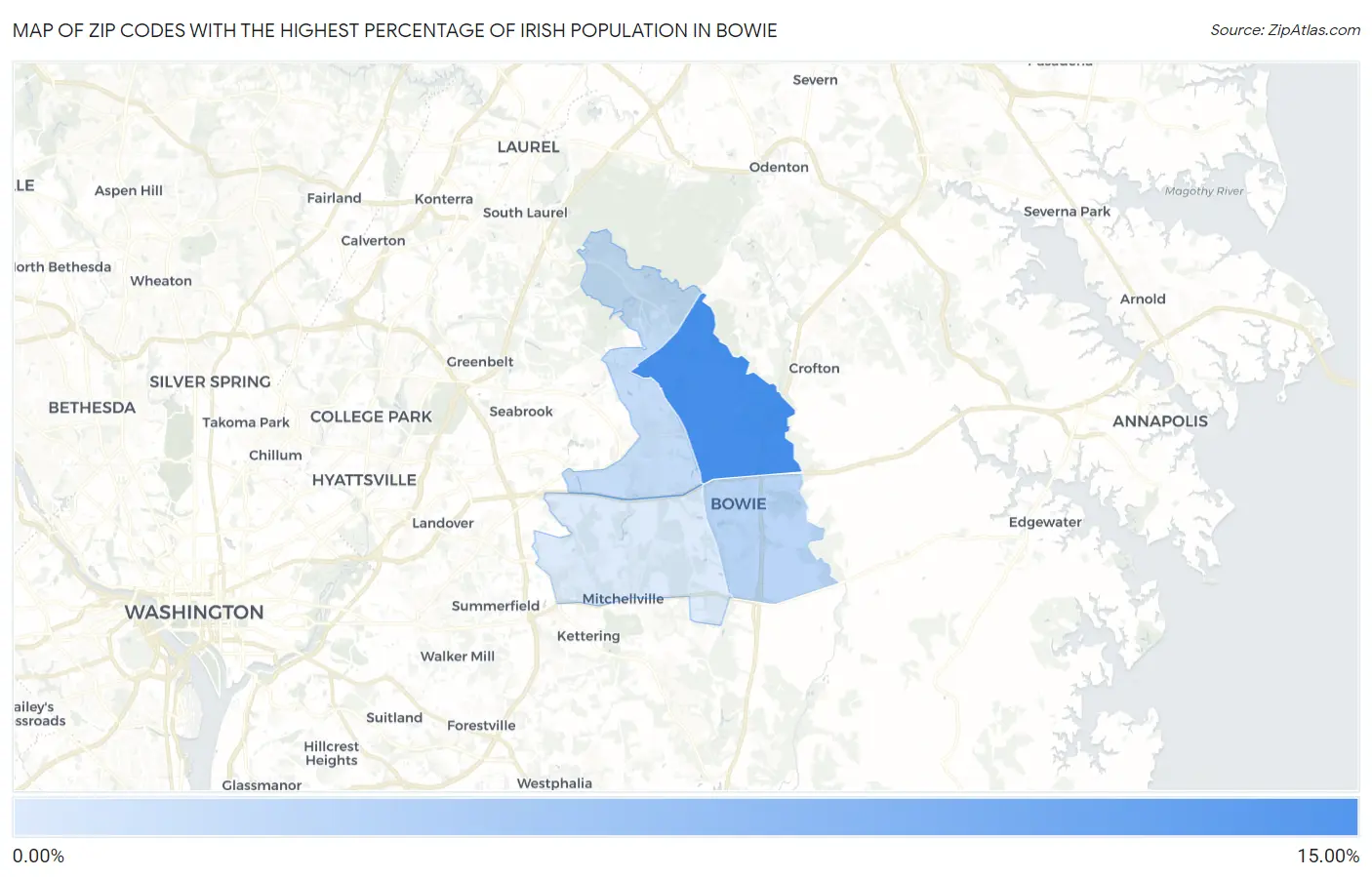 Zip Codes with the Highest Percentage of Irish Population in Bowie Map