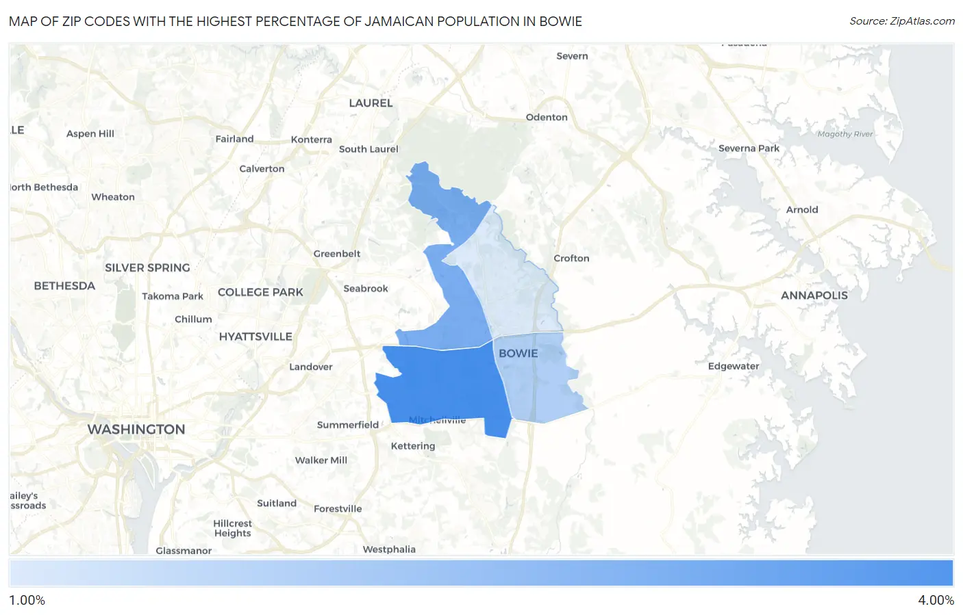 Zip Codes with the Highest Percentage of Jamaican Population in Bowie Map