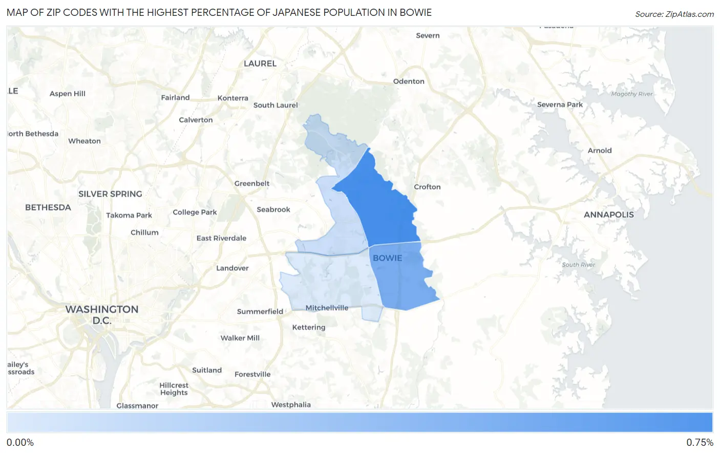 Zip Codes with the Highest Percentage of Japanese Population in Bowie Map