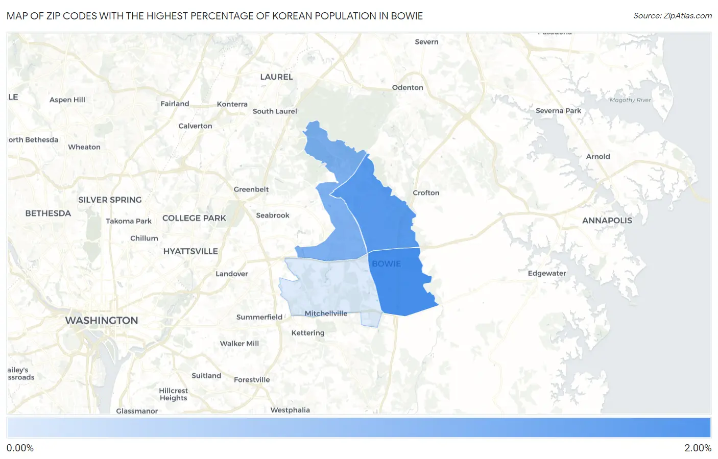 Zip Codes with the Highest Percentage of Korean Population in Bowie Map