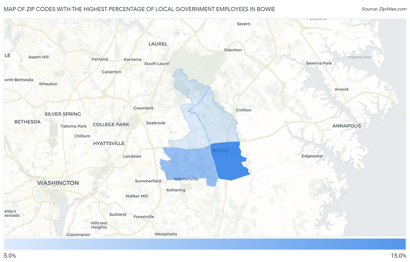 Zip Codes with the Highest Percentage of Local Government Employees in Bowie Map
