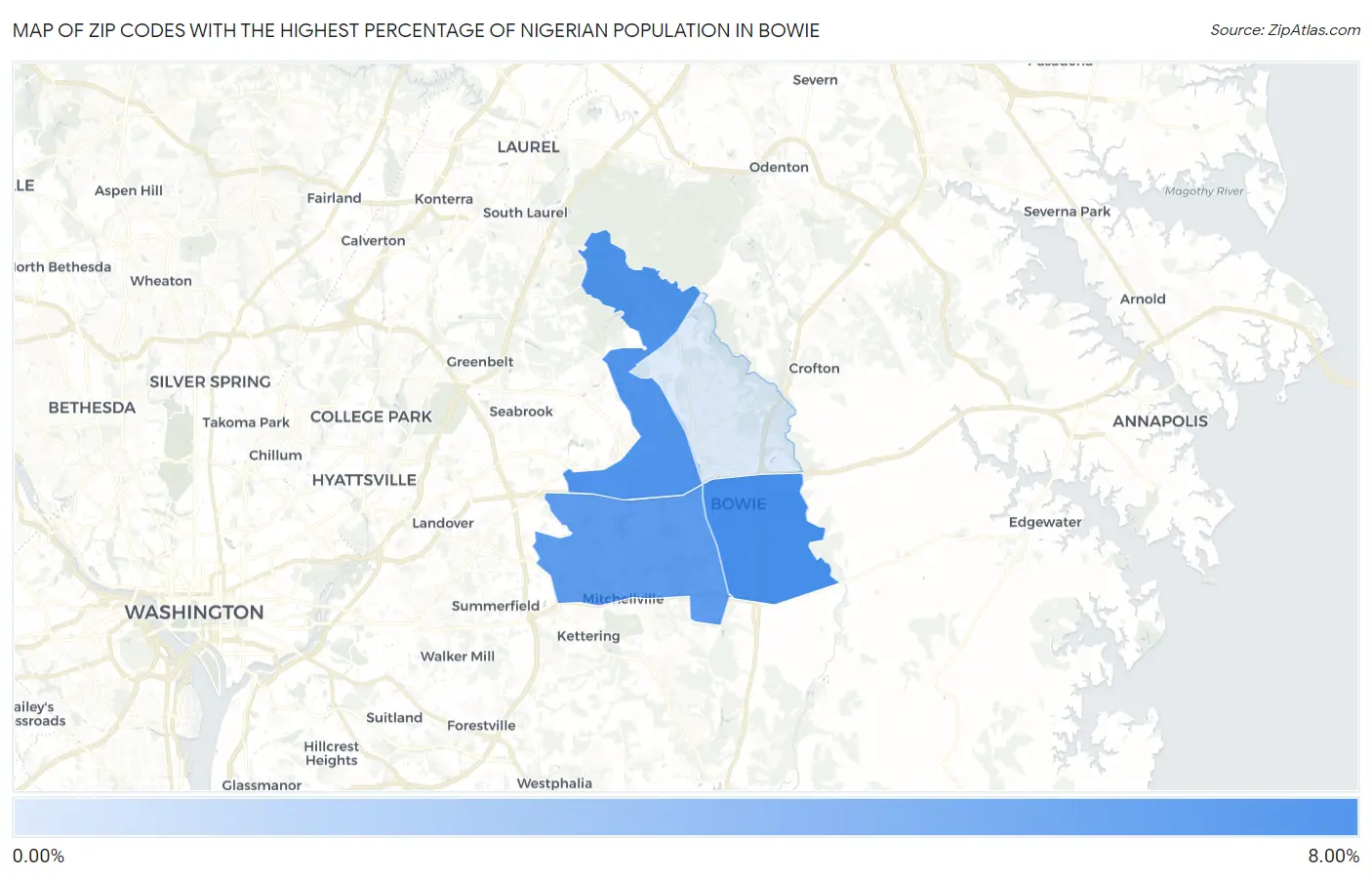 Zip Codes with the Highest Percentage of Nigerian Population in Bowie Map