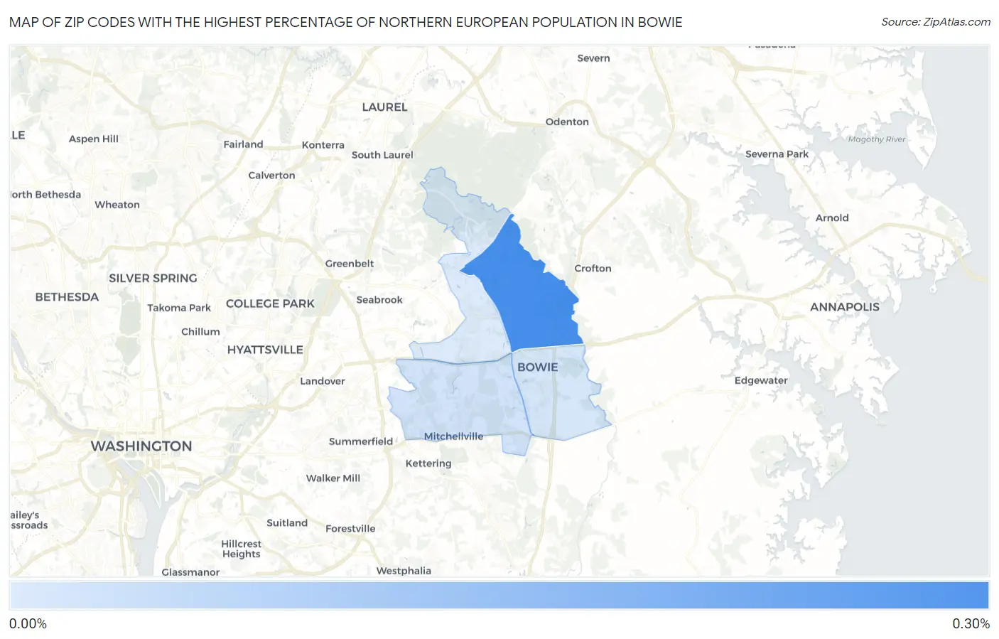 Zip Codes with the Highest Percentage of Northern European Population in Bowie Map