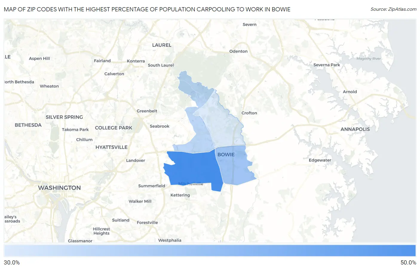 Zip Codes with the Highest Percentage of Population Carpooling to Work in Bowie Map
