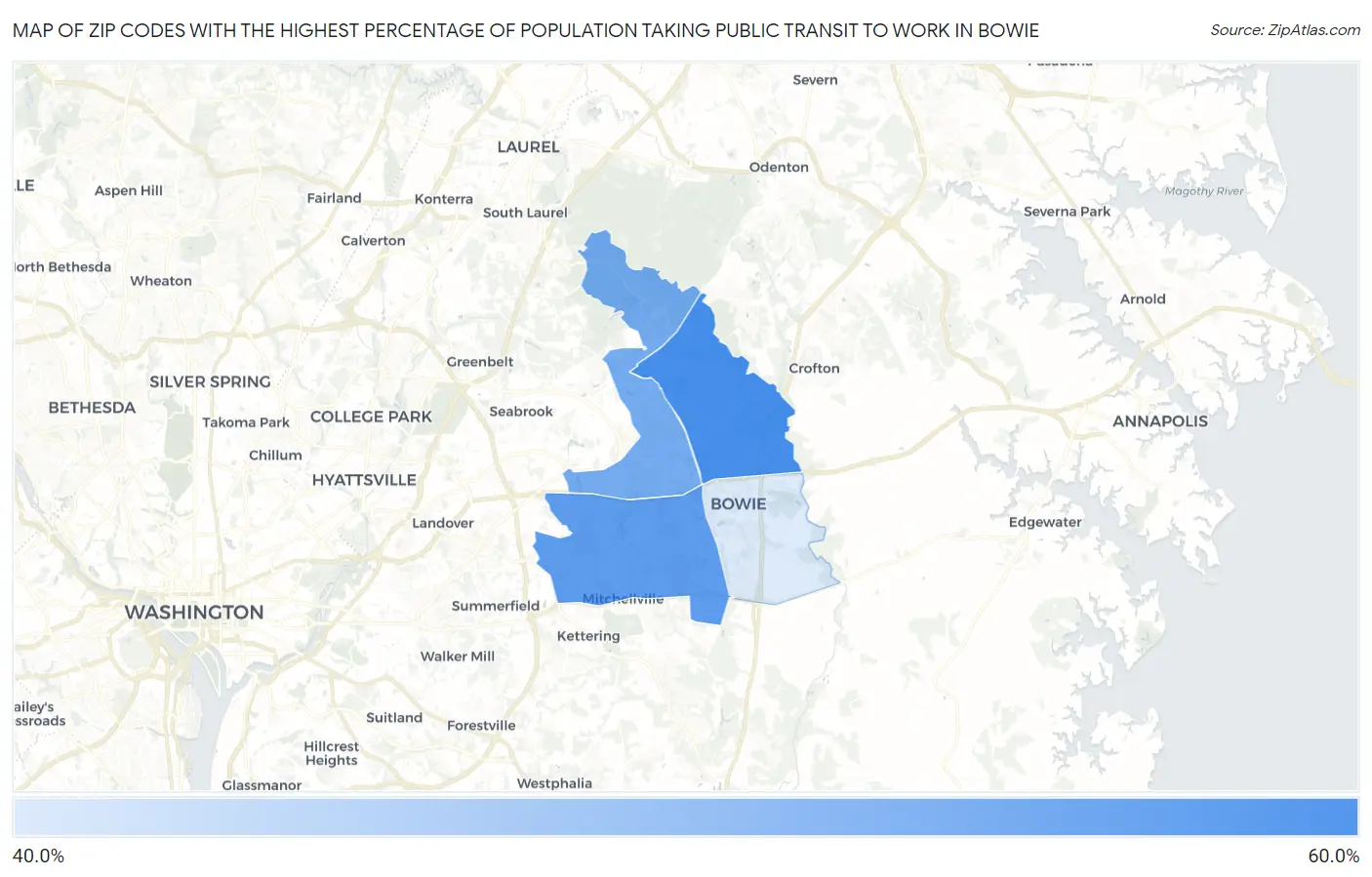 Zip Codes with the Highest Percentage of Population Taking Public Transit to Work in Bowie Map