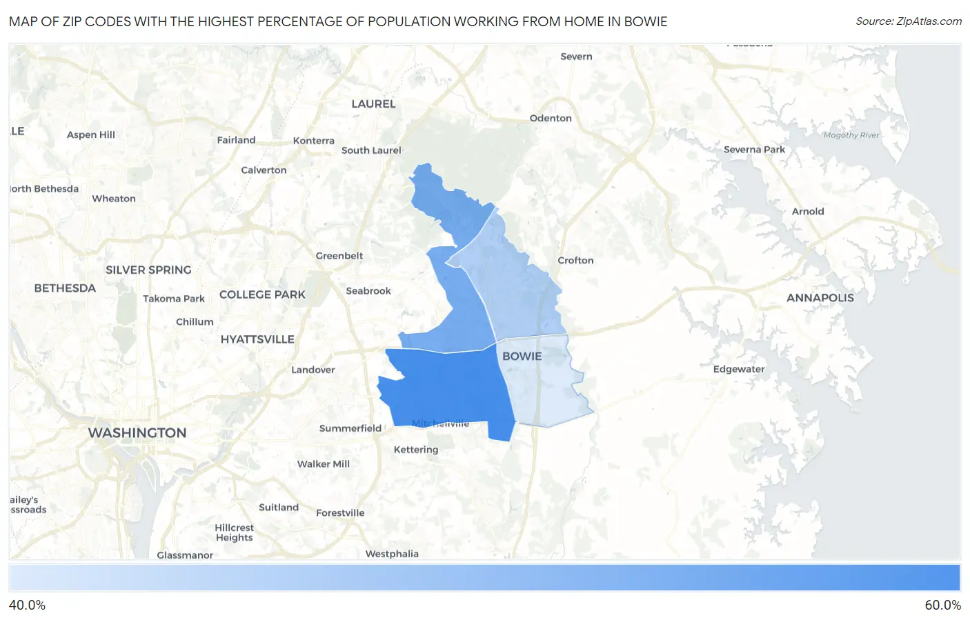 Zip Codes with the Highest Percentage of Population Working from Home in Bowie Map