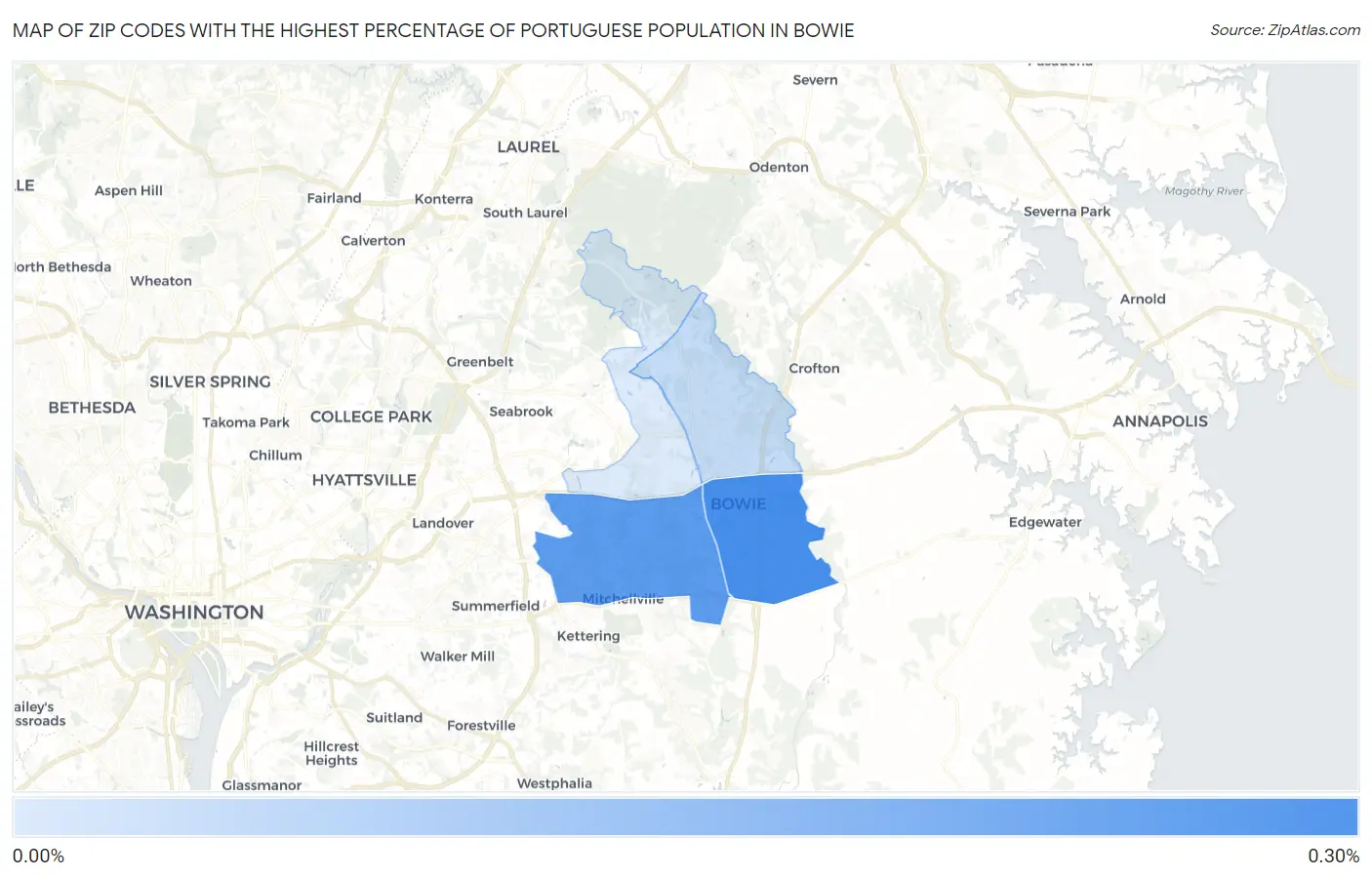 Zip Codes with the Highest Percentage of Portuguese Population in Bowie Map