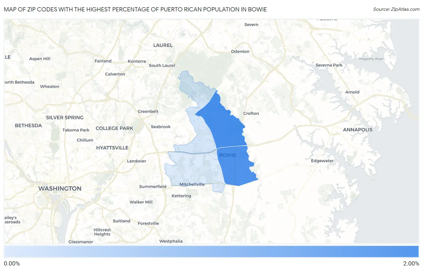 Zip Codes with the Highest Percentage of Puerto Rican Population in Bowie Map