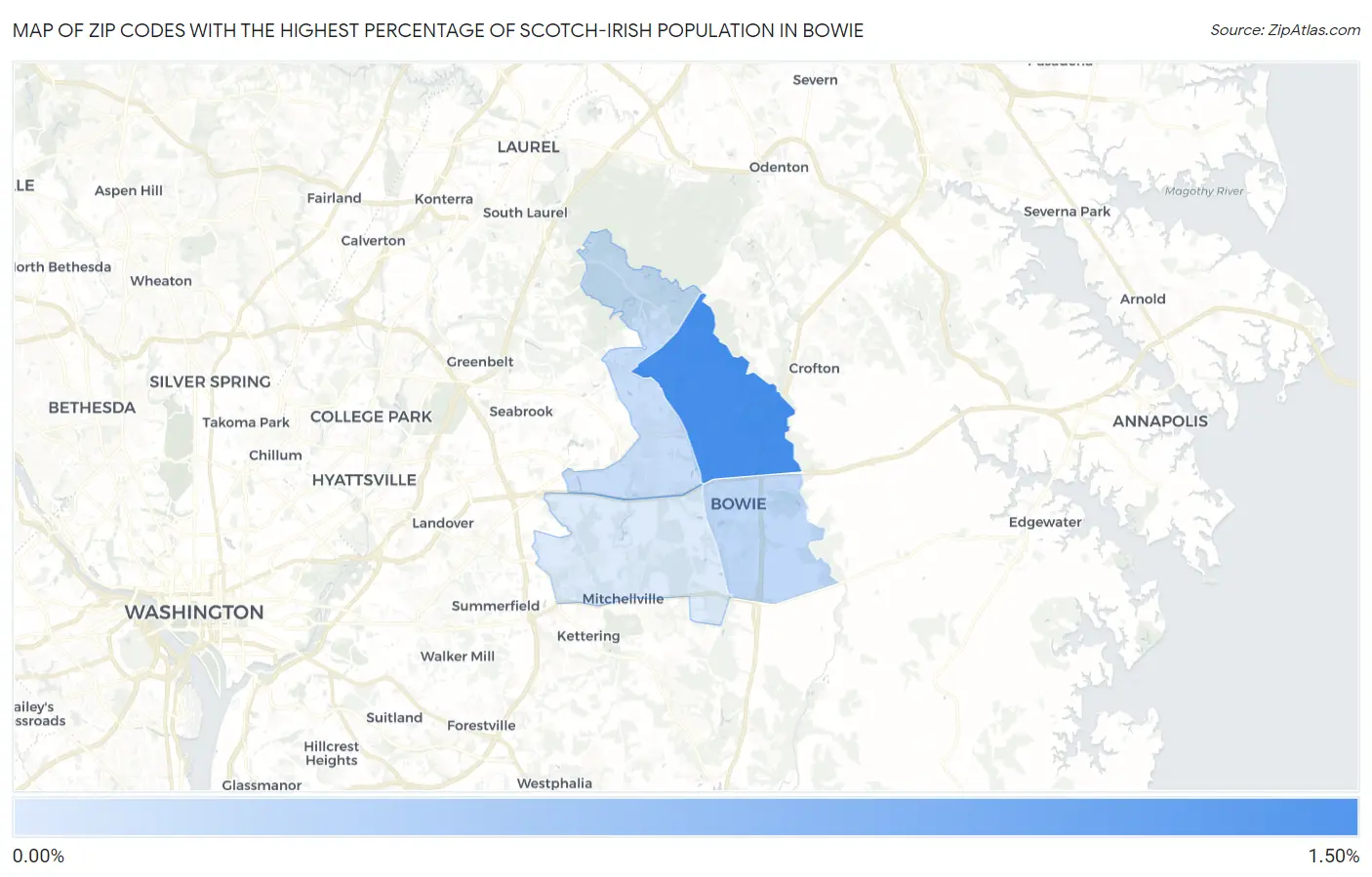 Zip Codes with the Highest Percentage of Scotch-Irish Population in Bowie Map