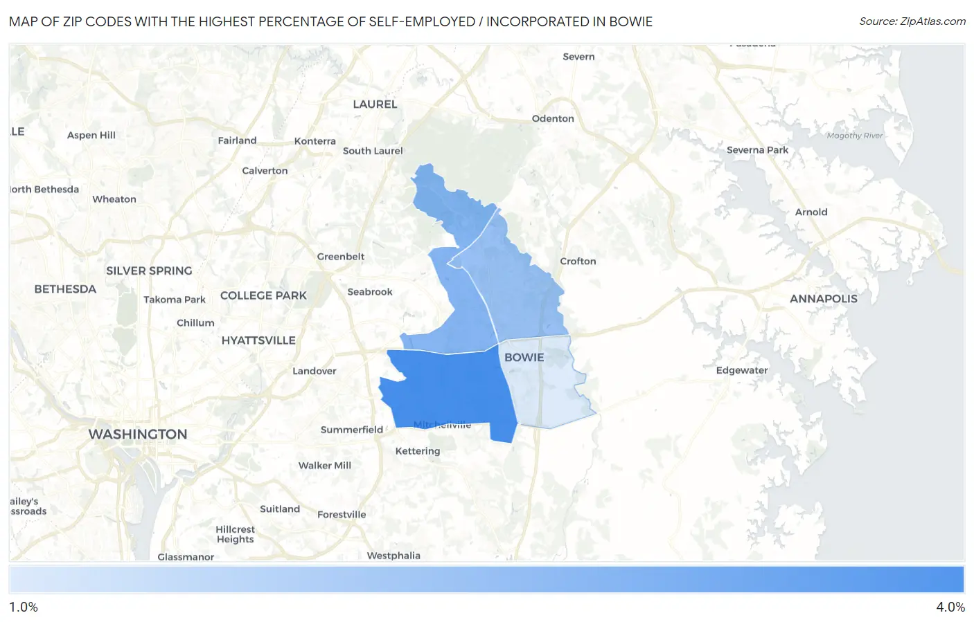 Zip Codes with the Highest Percentage of Self-Employed / Incorporated in Bowie Map
