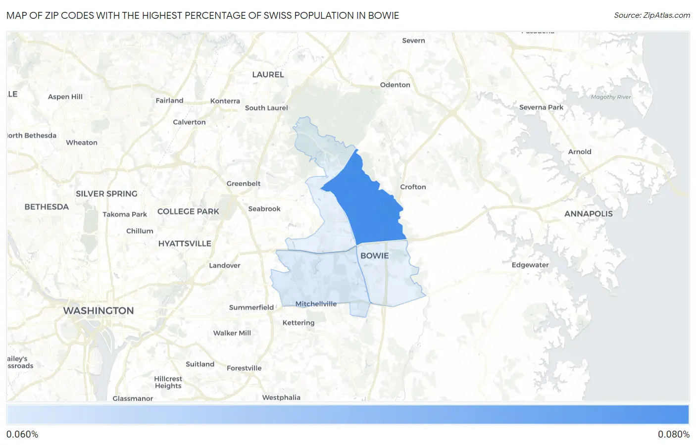 Zip Codes with the Highest Percentage of Swiss Population in Bowie Map