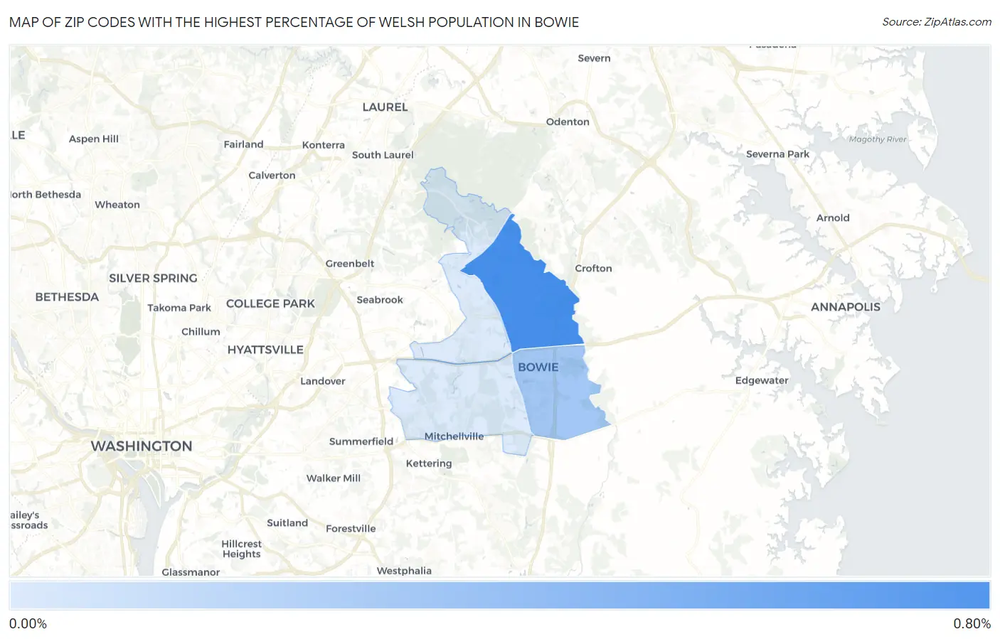 Zip Codes with the Highest Percentage of Welsh Population in Bowie Map