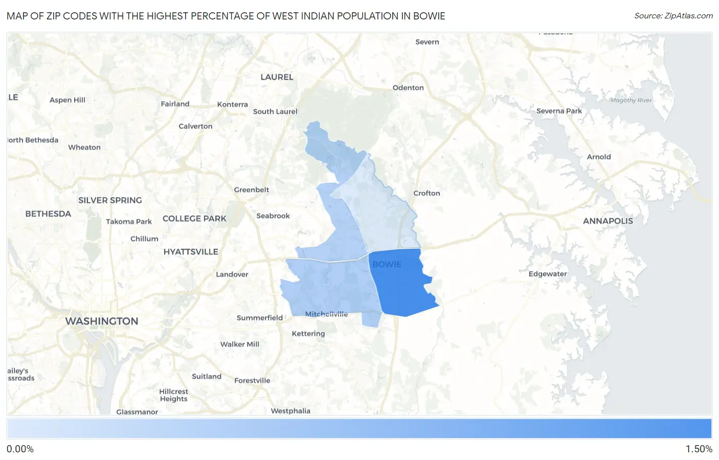 Zip Codes with the Highest Percentage of West Indian Population in Bowie Map