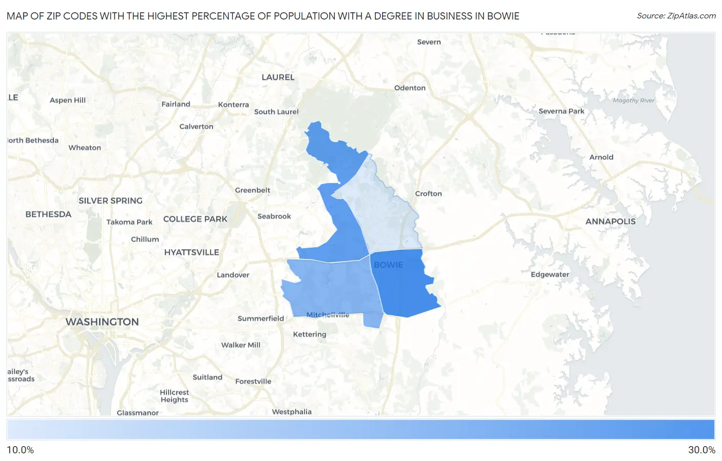 Zip Codes with the Highest Percentage of Population with a Degree in Business in Bowie Map
