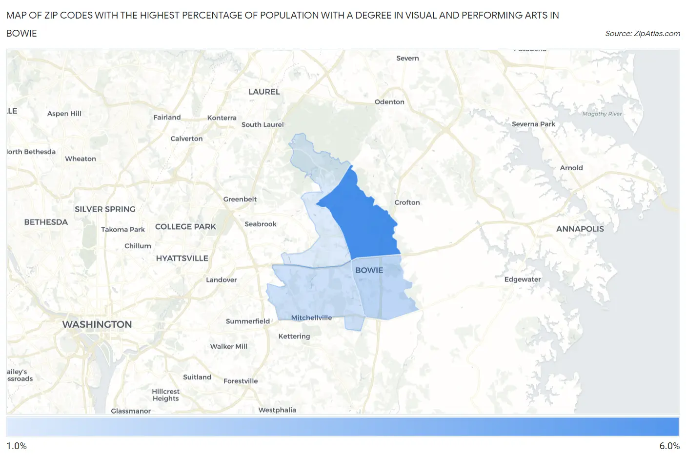 Zip Codes with the Highest Percentage of Population with a Degree in Visual and Performing Arts in Bowie Map