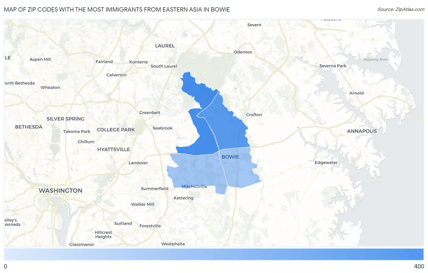 Zip Codes with the Most Immigrants from Eastern Asia in Bowie Map