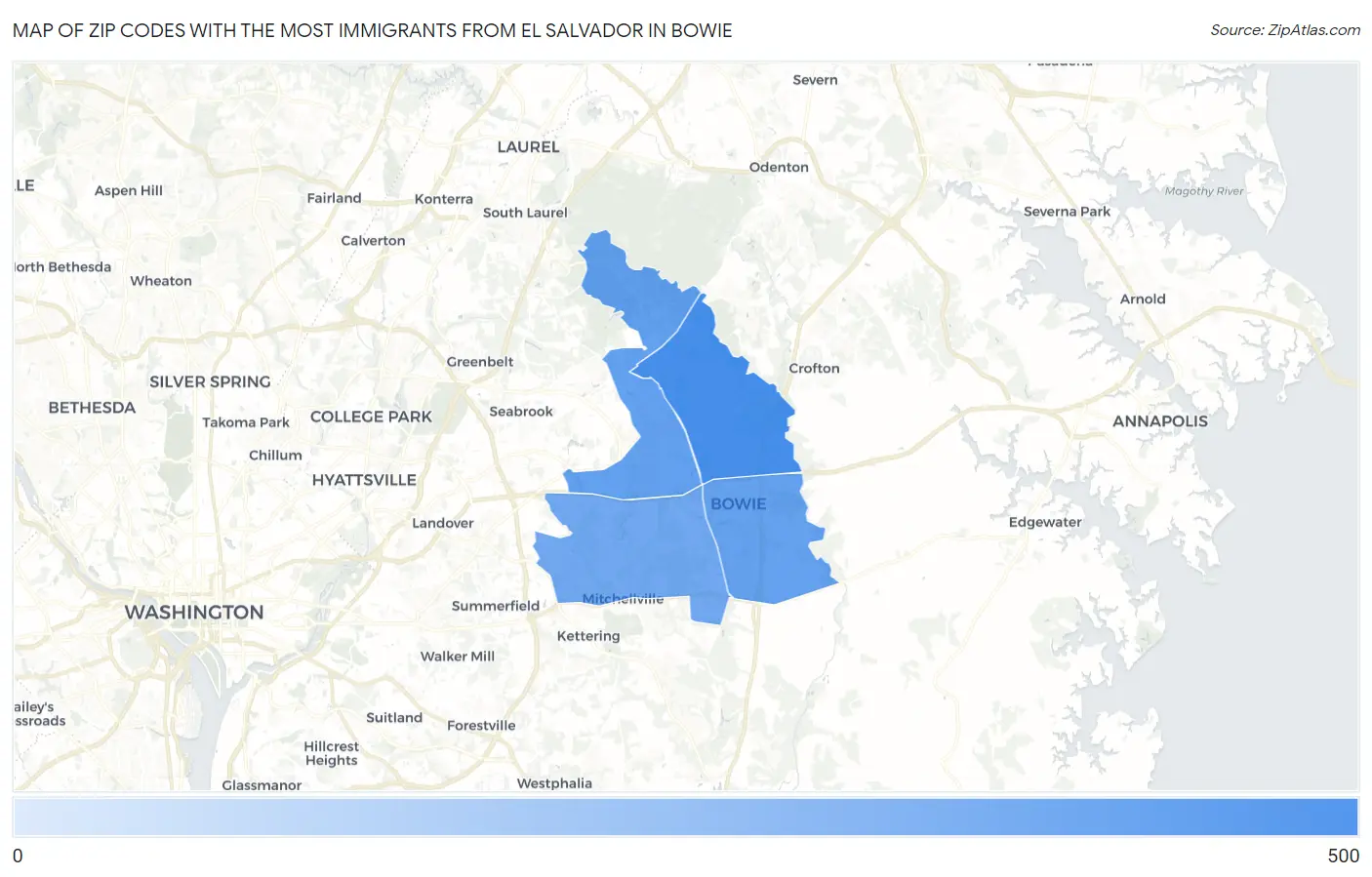 Zip Codes with the Most Immigrants from El Salvador in Bowie Map