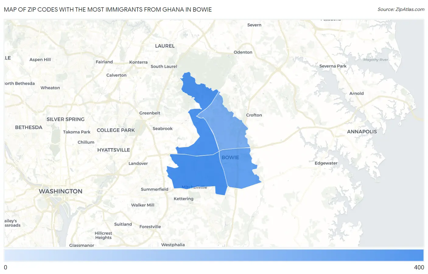 Zip Codes with the Most Immigrants from Ghana in Bowie Map