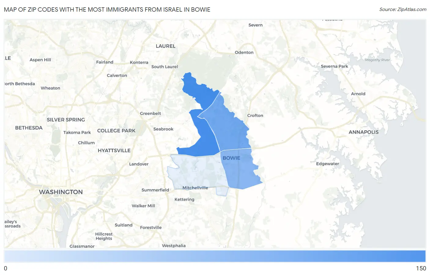 Zip Codes with the Most Immigrants from Israel in Bowie Map
