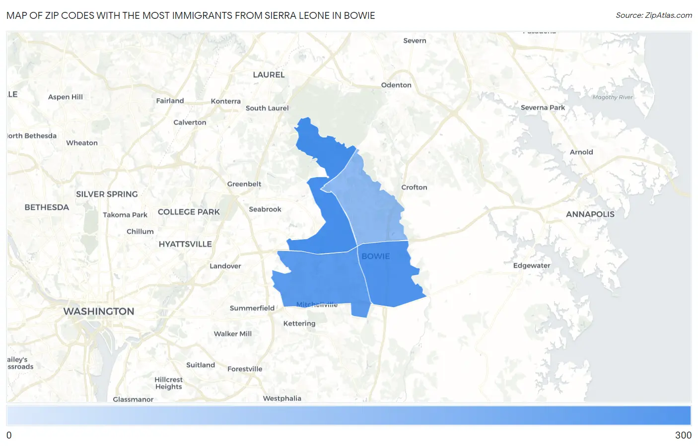 Zip Codes with the Most Immigrants from Sierra Leone in Bowie Map