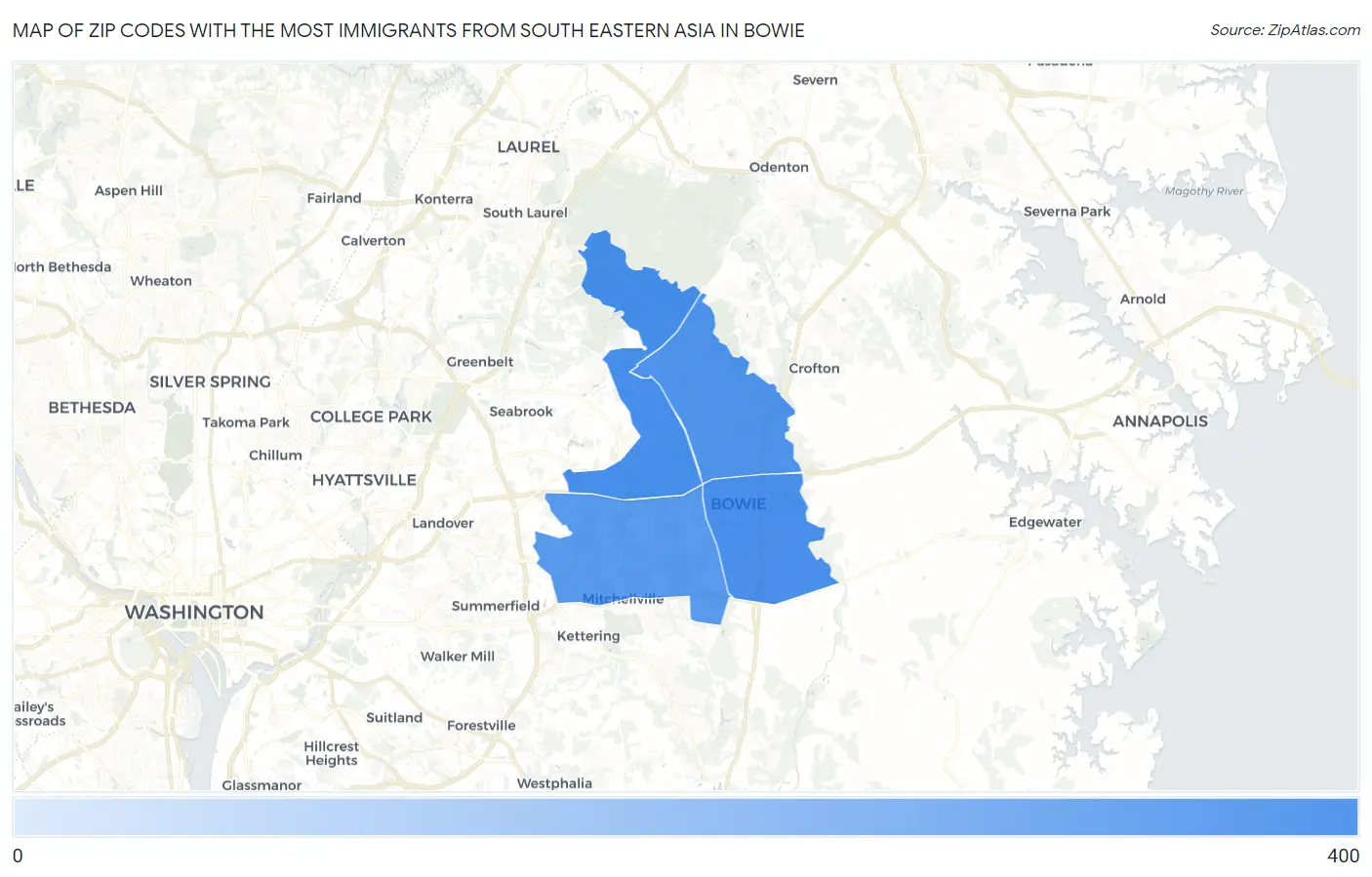 Zip Codes with the Most Immigrants from South Eastern Asia in Bowie Map