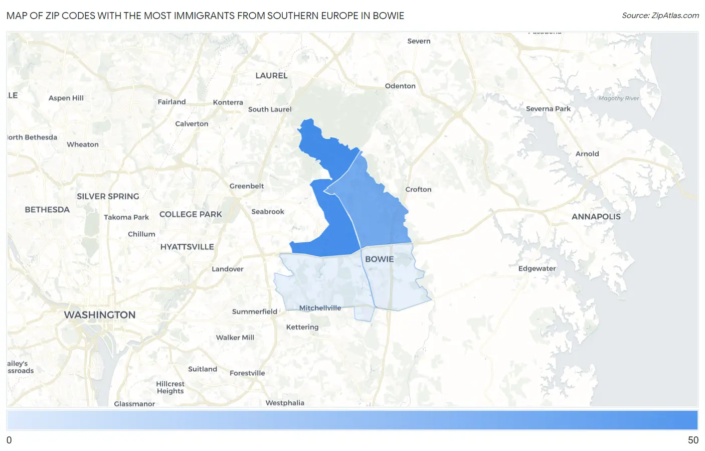 Zip Codes with the Most Immigrants from Southern Europe in Bowie Map