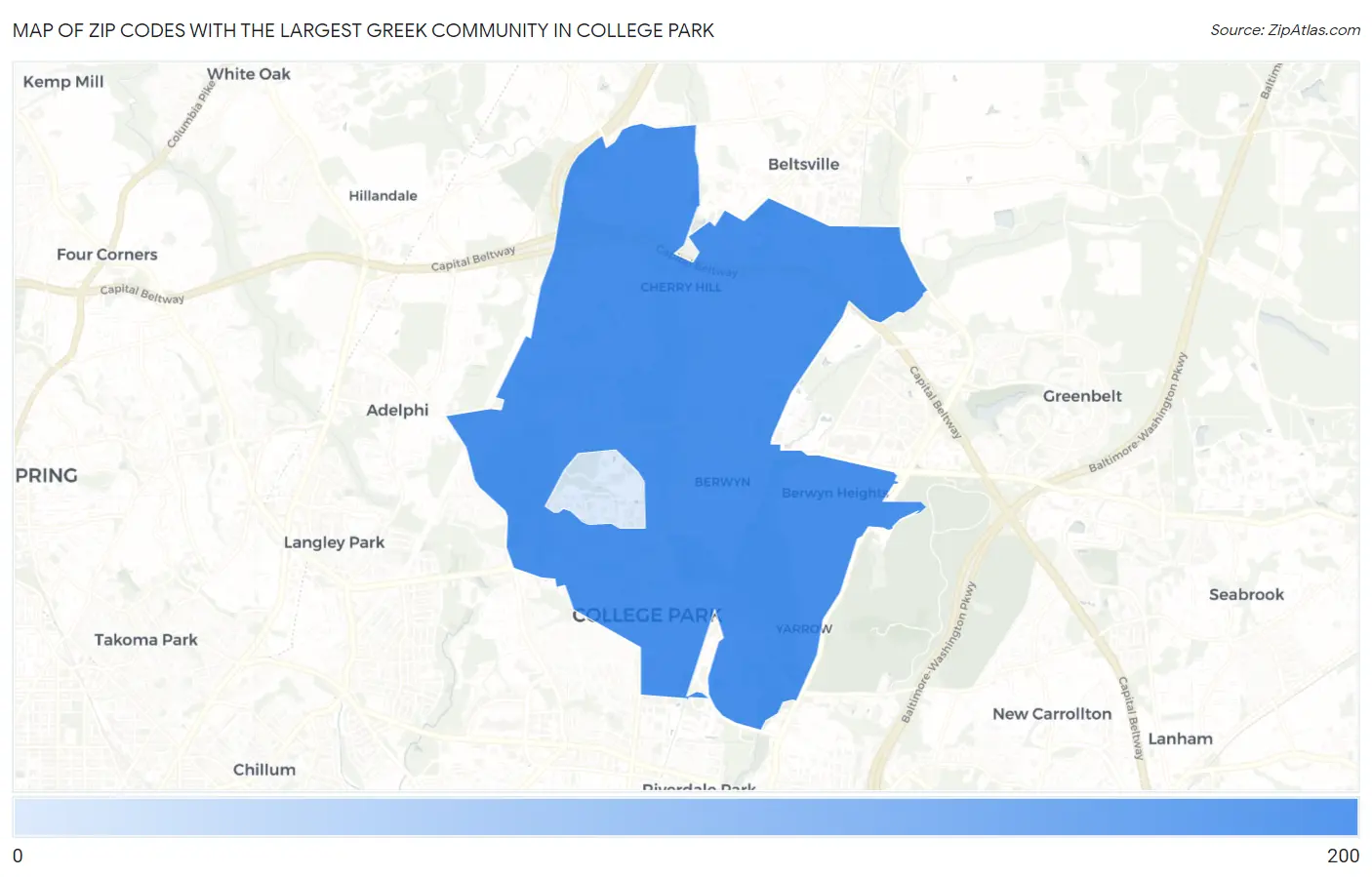 Zip Codes with the Largest Greek Community in College Park Map