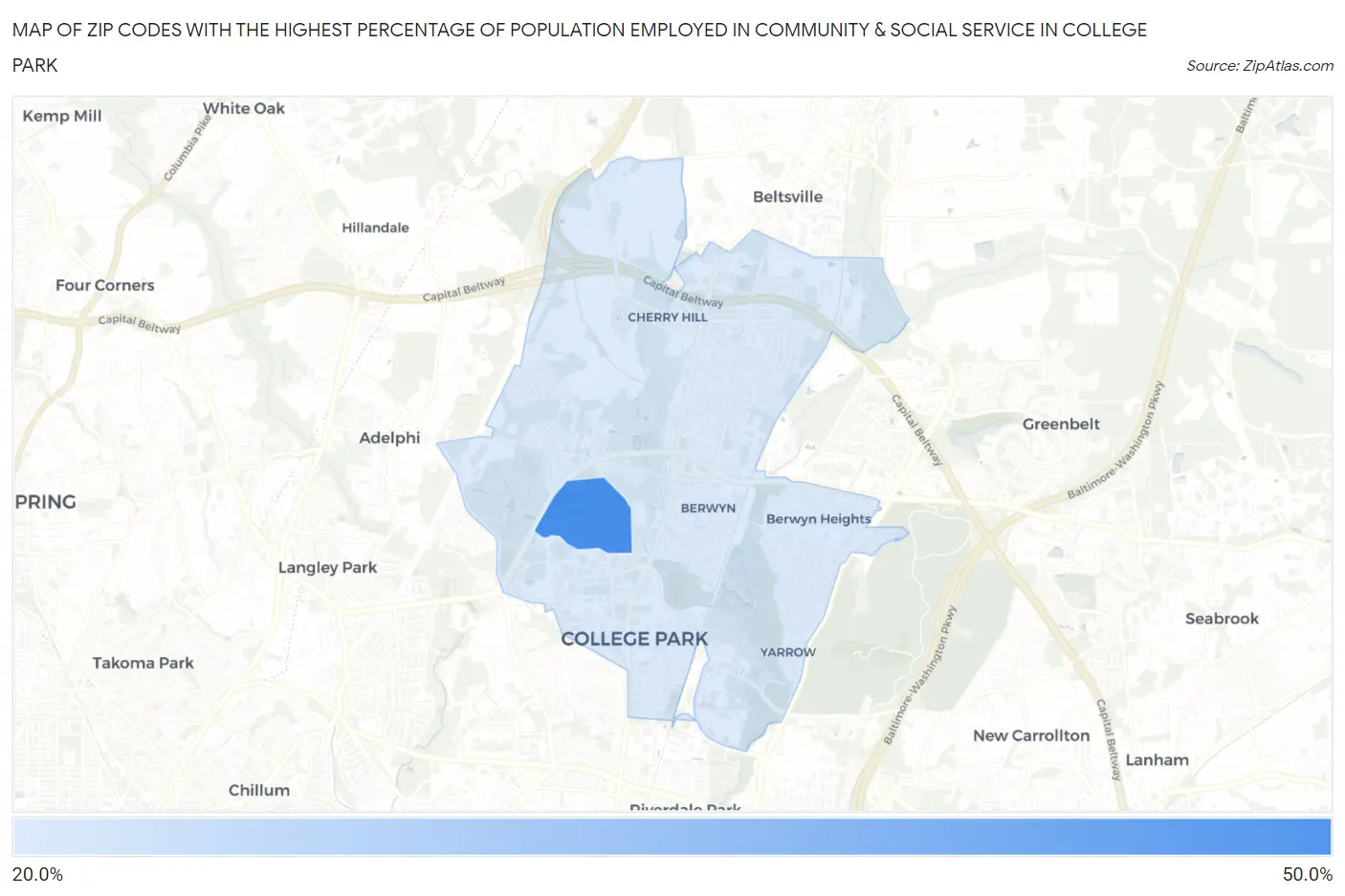 Zip Codes with the Highest Percentage of Population Employed in Community & Social Service  in College Park Map