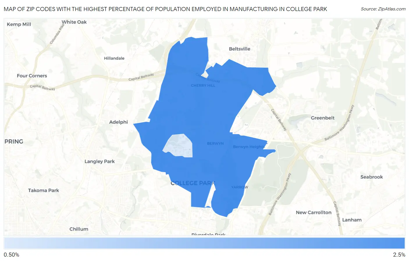 Zip Codes with the Highest Percentage of Population Employed in Manufacturing in College Park Map
