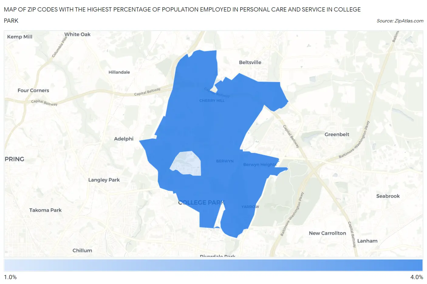 Zip Codes with the Highest Percentage of Population Employed in Personal Care and Service in College Park Map