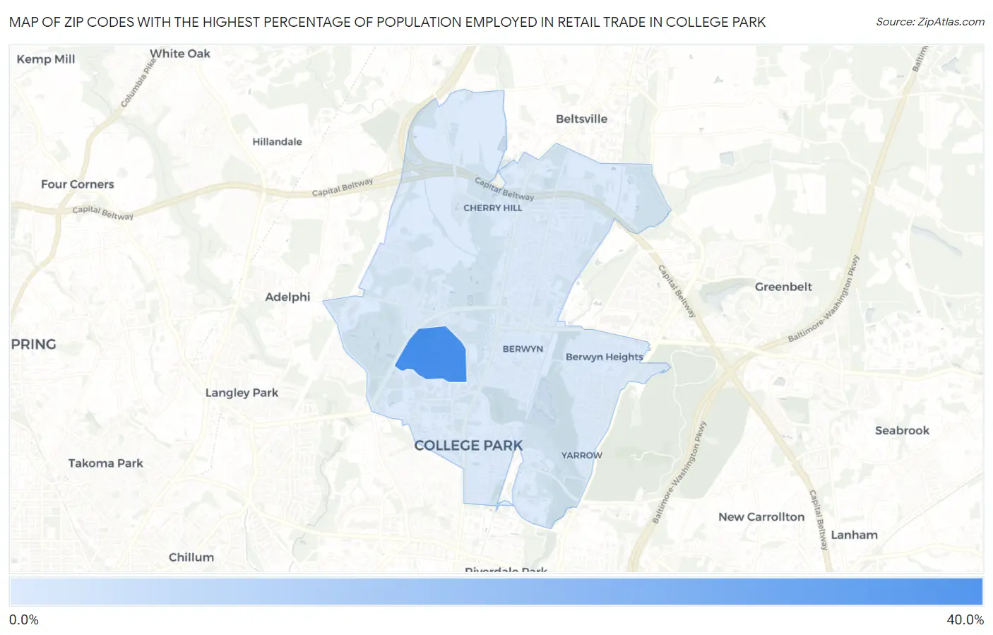 Zip Codes with the Highest Percentage of Population Employed in Retail Trade in College Park Map