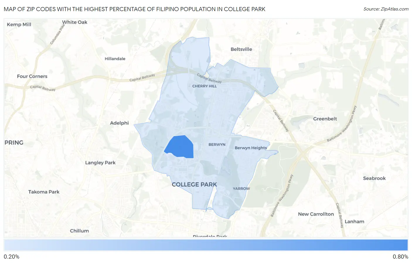 Zip Codes with the Highest Percentage of Filipino Population in College Park Map
