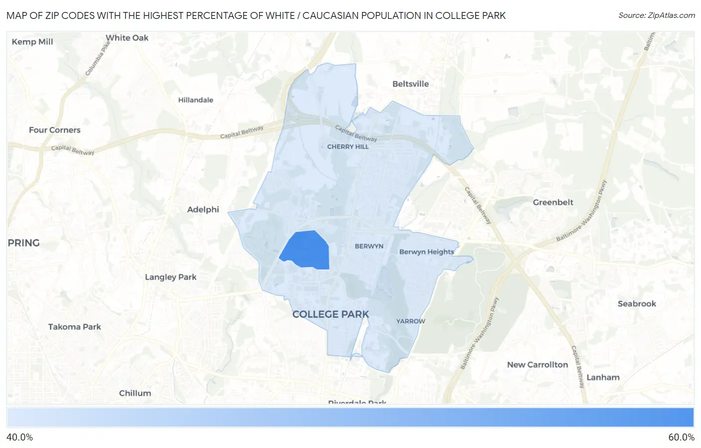 Zip Codes with the Highest Percentage of White / Caucasian Population in College Park Map