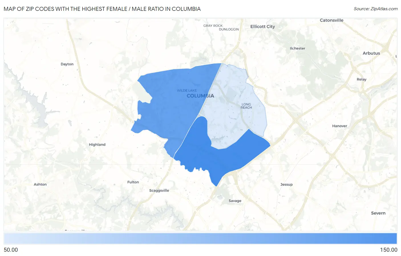 Zip Codes with the Highest Female / Male Ratio in Columbia Map