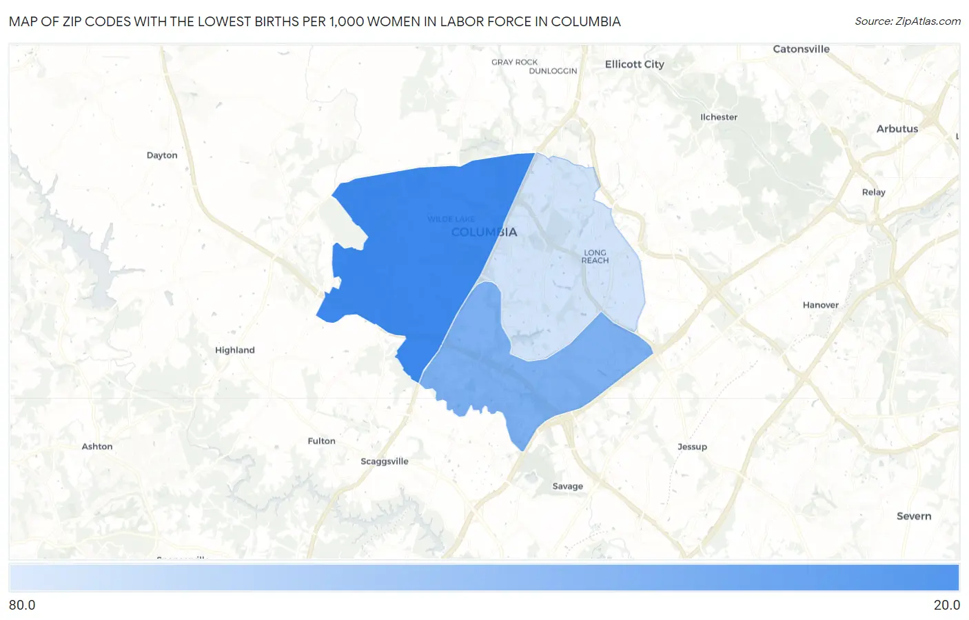 Zip Codes with the Lowest Births per 1,000 Women in Labor Force in Columbia Map