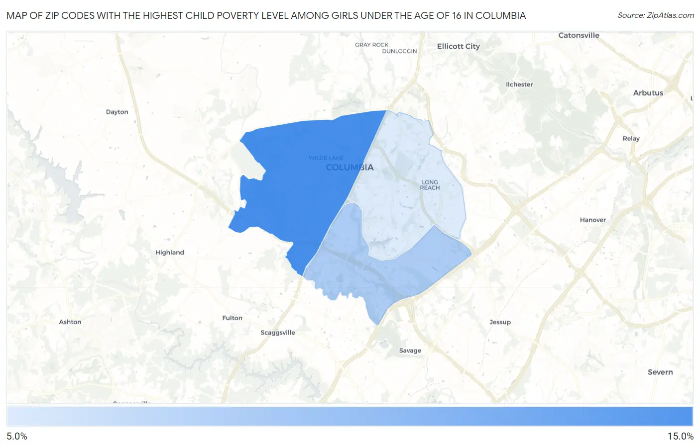Zip Codes with the Highest Child Poverty Level Among Girls Under the Age of 16 in Columbia Map