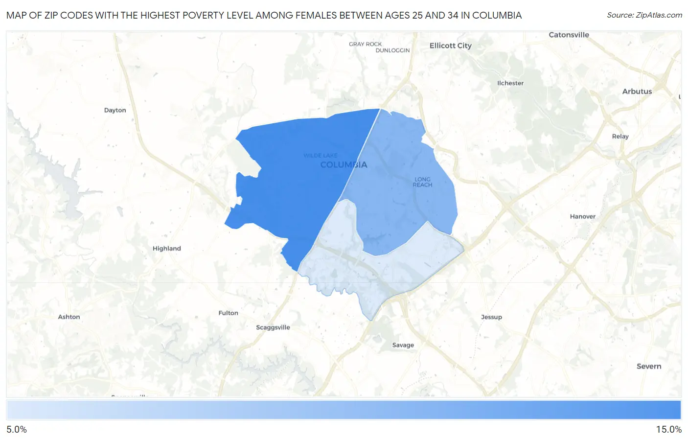 Zip Codes with the Highest Poverty Level Among Females Between Ages 25 and 34 in Columbia Map