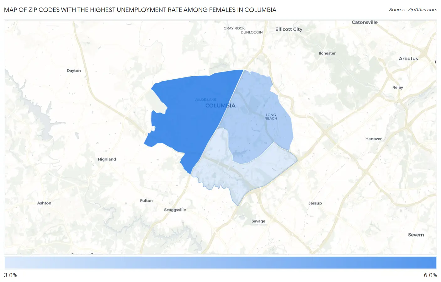 Zip Codes with the Highest Unemployment Rate Among Females in Columbia Map