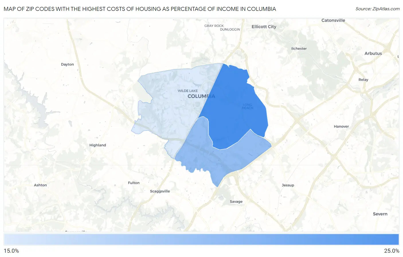 Zip Codes with the Highest Costs of Housing as Percentage of Income in Columbia Map