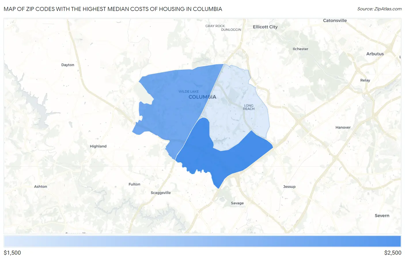 Zip Codes with the Highest Median Costs of Housing in Columbia Map