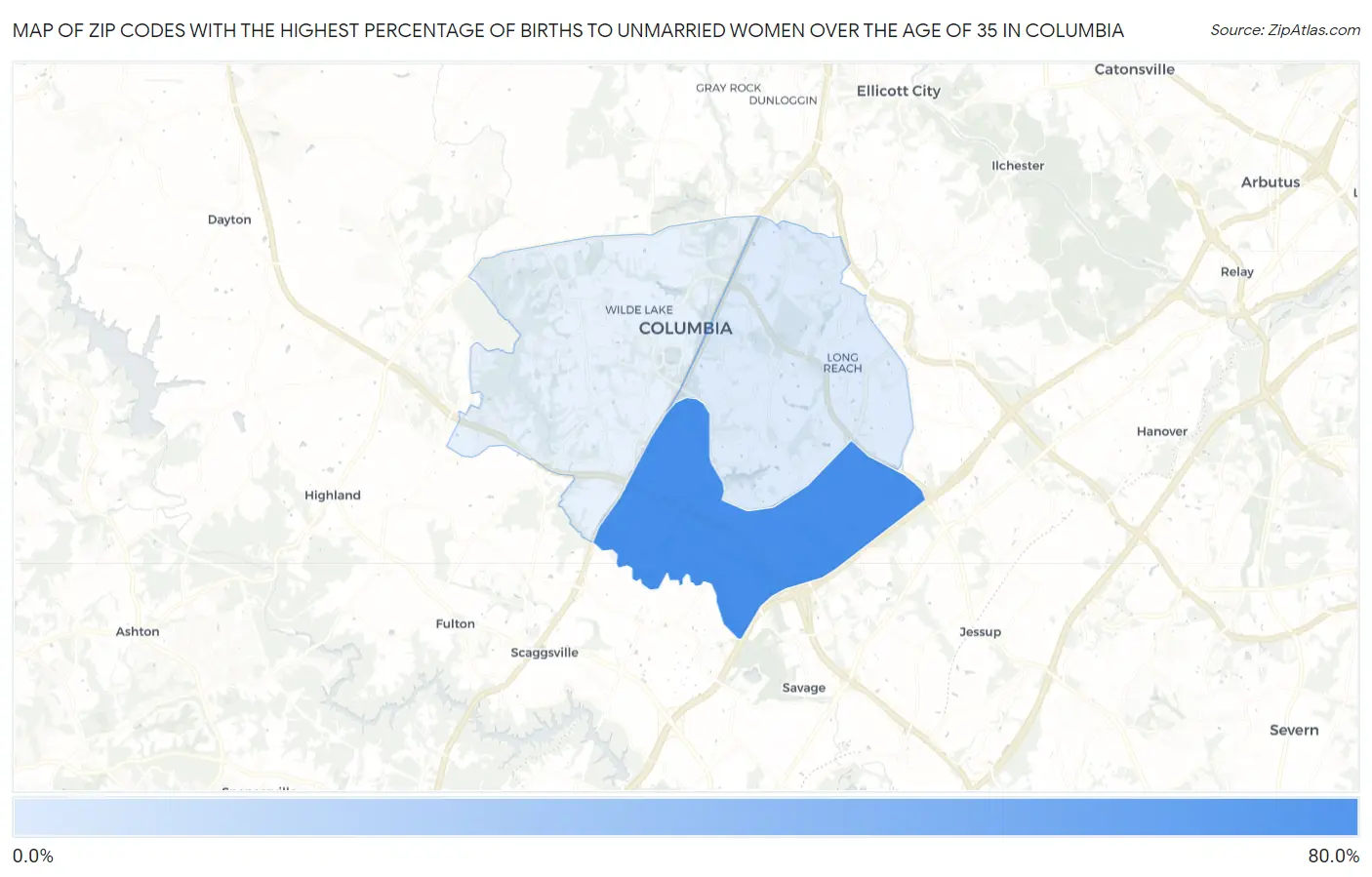 Zip Codes with the Highest Percentage of Births to Unmarried Women over the Age of 35 in Columbia Map
