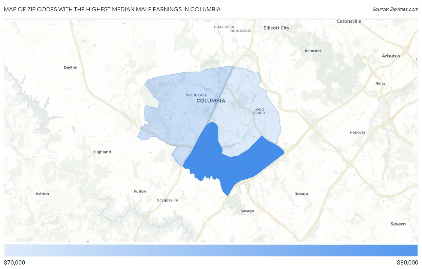 Zip Codes with the Highest Median Male Earnings in Columbia Map