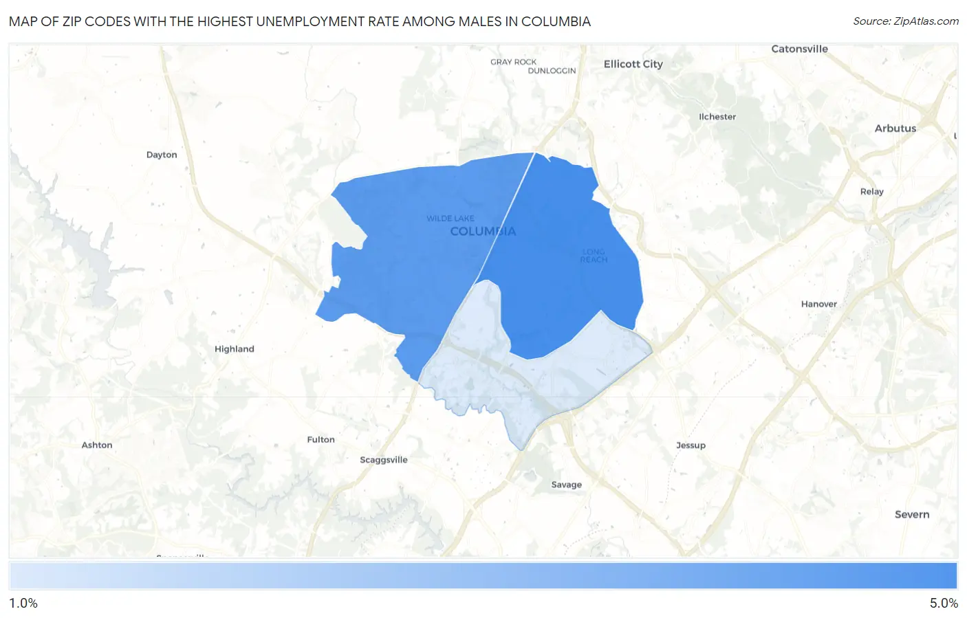 Zip Codes with the Highest Unemployment Rate Among Males in Columbia Map
