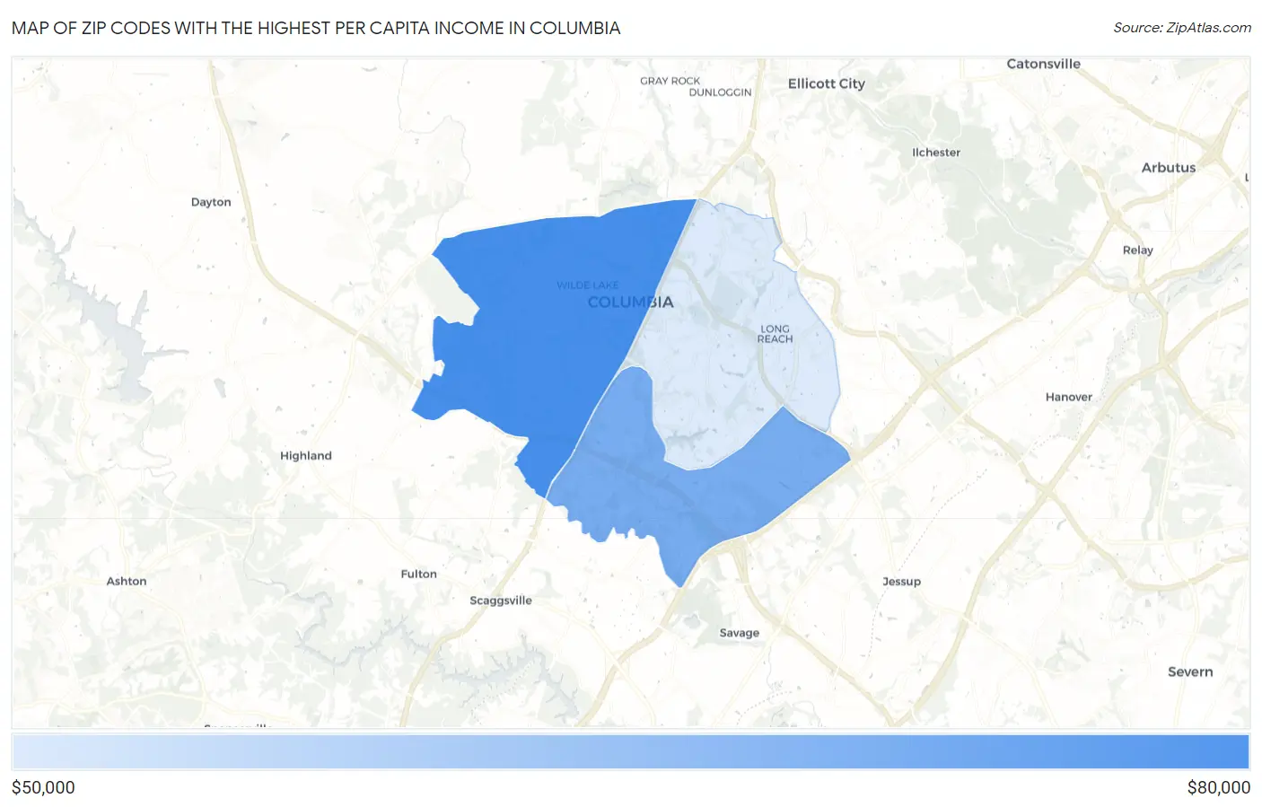 Zip Codes with the Highest Per Capita Income in Columbia Map