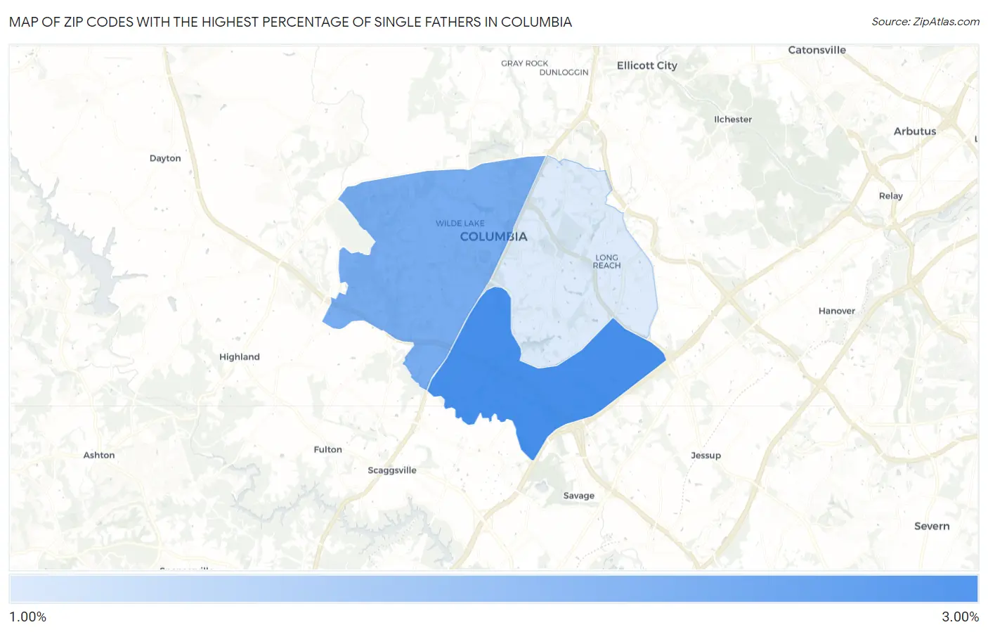 Zip Codes with the Highest Percentage of Single Fathers in Columbia Map