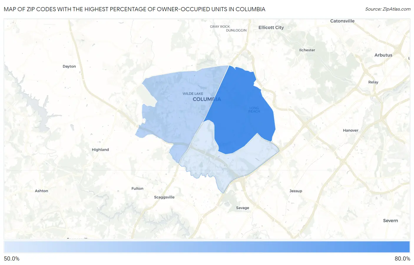 Zip Codes with the Highest Percentage of Owner-Occupied Units in Columbia Map