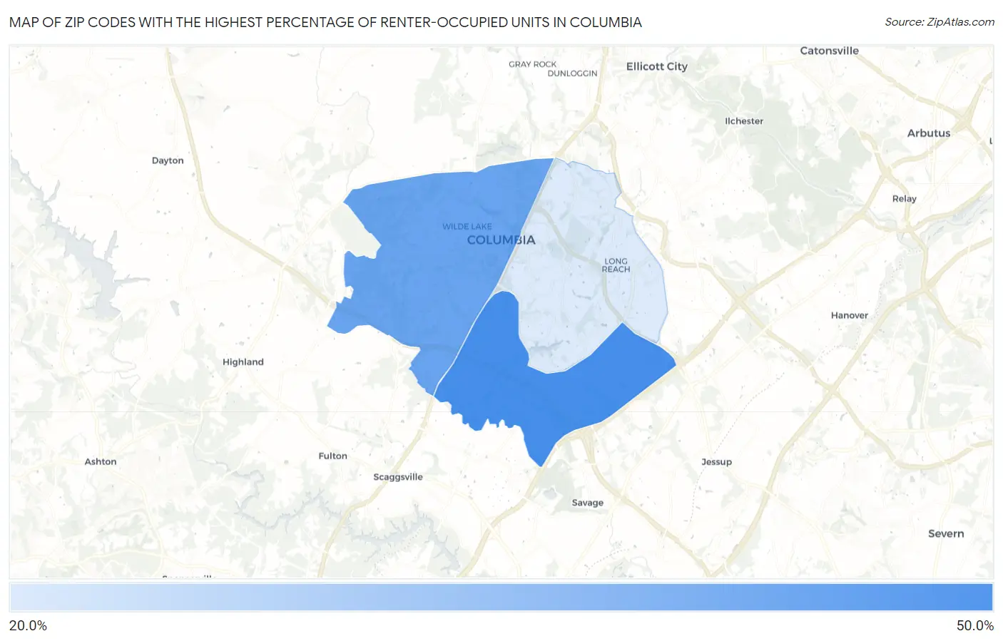 Zip Codes with the Highest Percentage of Renter-Occupied Units in Columbia Map