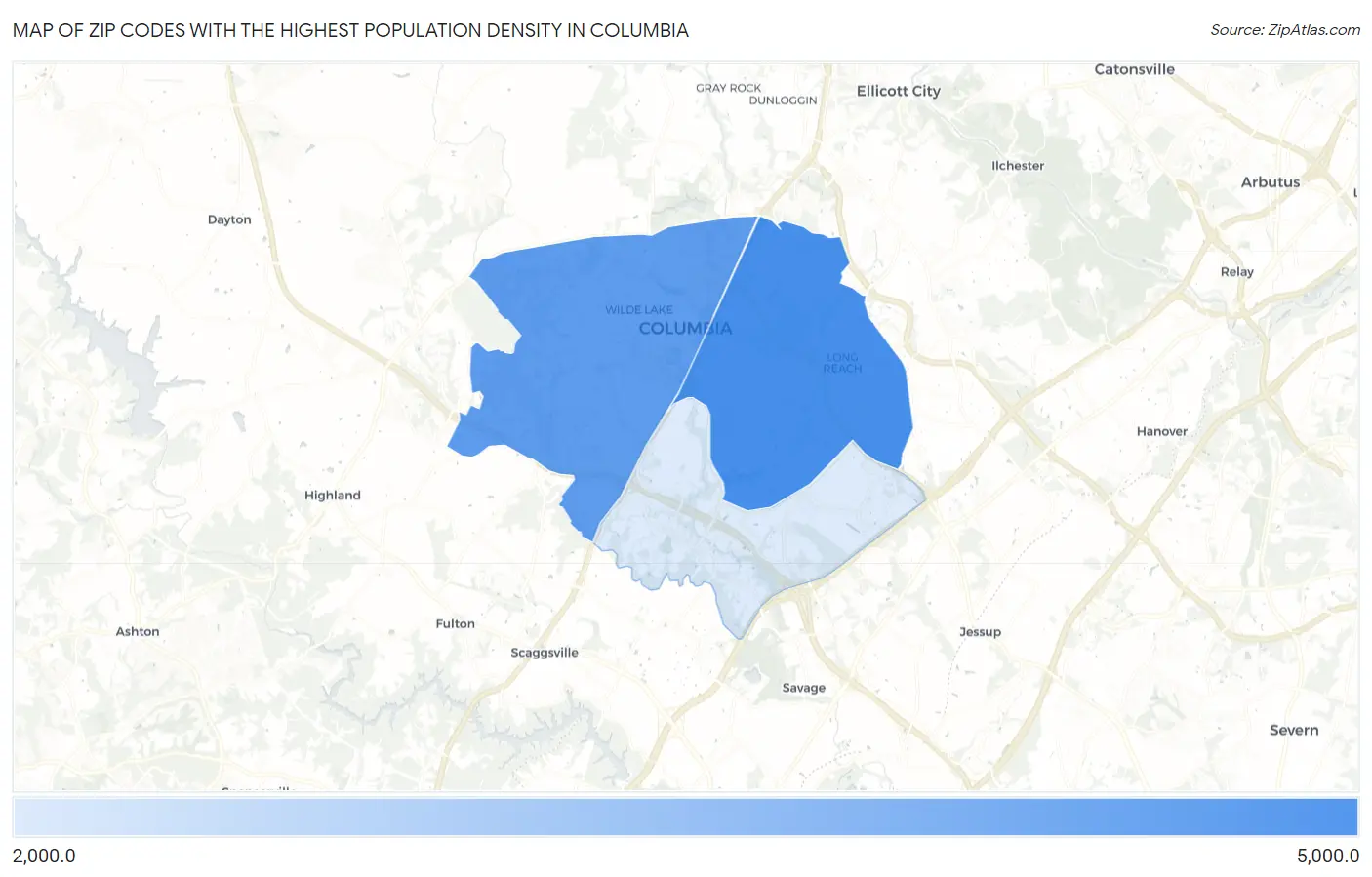 Zip Codes with the Highest Population Density in Columbia Map
