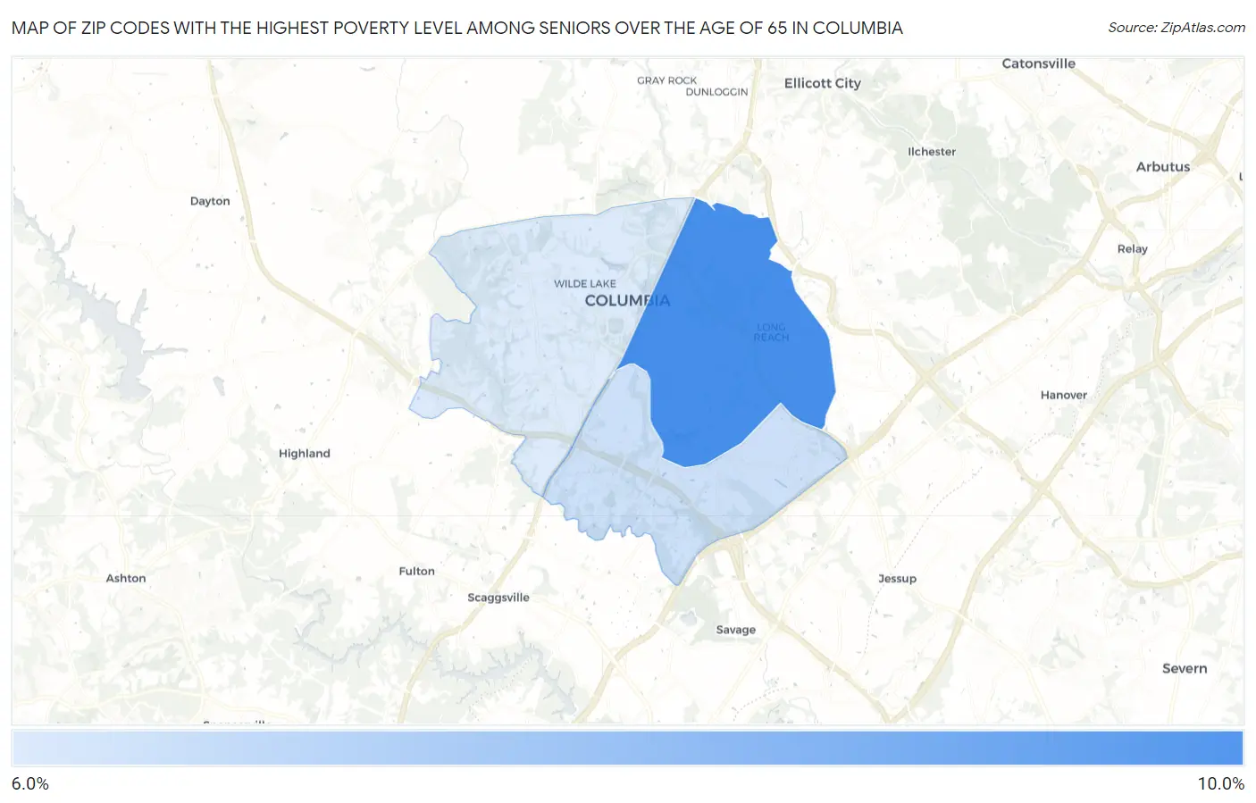 Zip Codes with the Highest Poverty Level Among Seniors Over the Age of 65 in Columbia Map