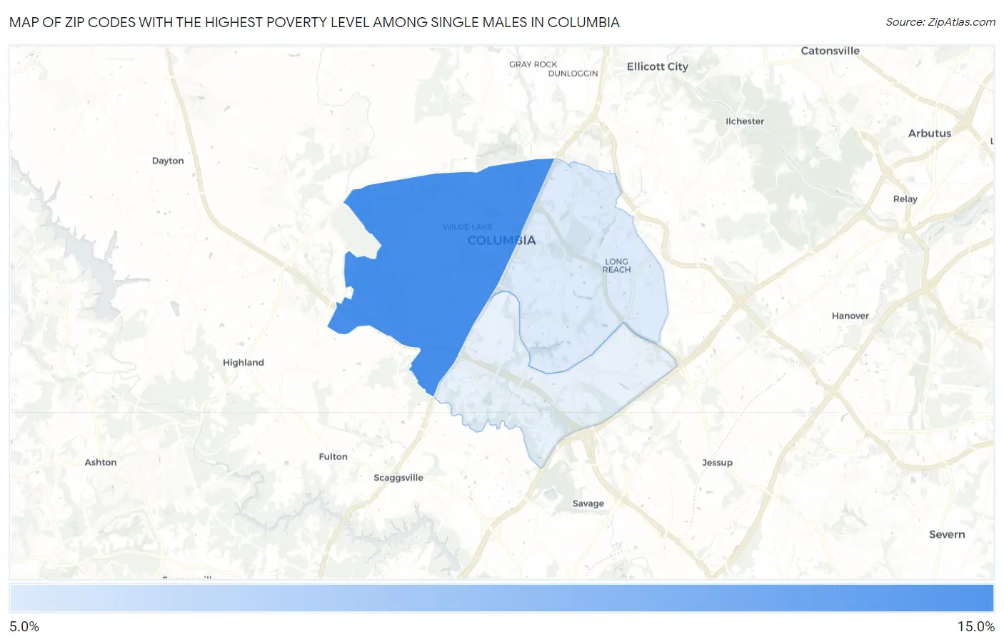 Zip Codes with the Highest Poverty Level Among Single Males in Columbia Map